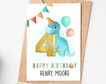 Personalized 4th Birthday Card, Fourth Birthday Card For Baby Boy, 4 Year Old Dinosaur Birthday Card For Son Grandson Or Nephew
