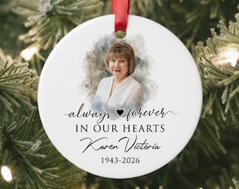 Watercolor Portrait Memorial Ornament, In Loving Memory Personalized Christmas Keepsake, Bereavement Gift, Custom Photo Remembrance Bauble
