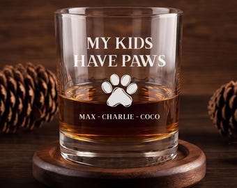 Personalized Dog Dad Whiskey Glass, Fathers Day Gift for Him, My Kids Have Paws Custom Glass, Dad Birthday Gift, Dog Lover Rock Glass