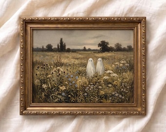 Two Ghosts In Wildflowers Meadow Art Print, Halloween Printable Poster, Vintage Wall Art, Whimsical Ghost Print, Autumn Moody Home Decor