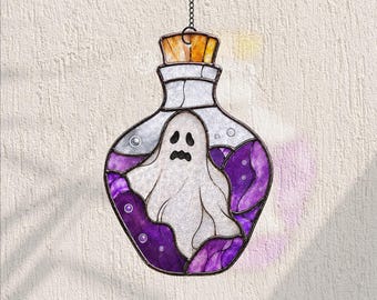 Frasco de poção para pendurar na janela, enfeite de janela com fantasma de Halloween, decoração fofa e assustadora em vitral, ornamento para quarto de bruxa, presente gótico