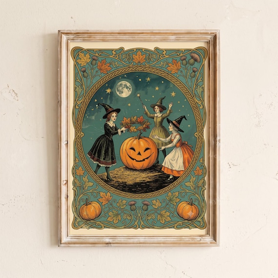 Vintage Halloween Art Print, Retro Halloween Wall Art, Gothic Home Decor, Cottagecore Painting, Dark Academia Artwork, Autumn Moody Art