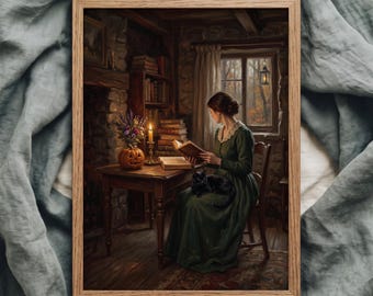 Impressão artística de uma mulher vitoriana lendo um livro em uma casa de campo, arte de parede retrô de Halloween, decoração cottagecore, arte dark academia.
