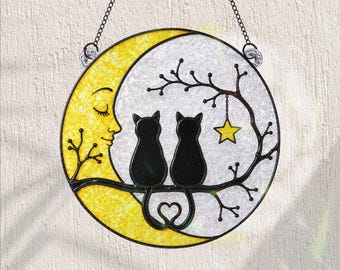 Gato Preto Apanhador de Sol, Lua Crescente e Estrela para Janela, Decoração de Halloween em Vitral, Presente Celestial para Amantes de Gatos, Arte Assustadoramente Fofa