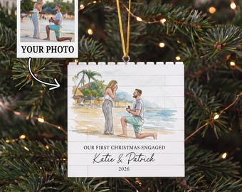 First Christmas Engaged Ornament, Custom Couple Portrait Puzzle Ornament, Engagement Keepsake, Personalized Newly Engaged Bauble