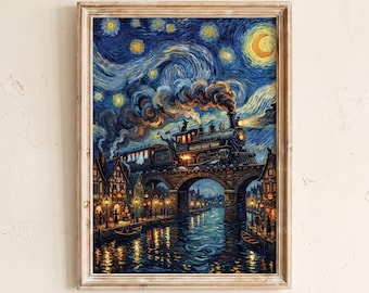 Arte de parede "Trem Noturno Assombrado", Impressão de Arte Noturna Pós-Impressionista, Céu com Lua Giratória, Paisagem de Outono com Estilo de Pintura, Decoração Gótica de Halloween