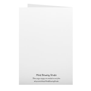 May include: A folded white greeting card. The text "Mind Blowing Studio" and the Etsy shop URL are printed in black at the bottom. The card is blank inside, ready for a personal message.
