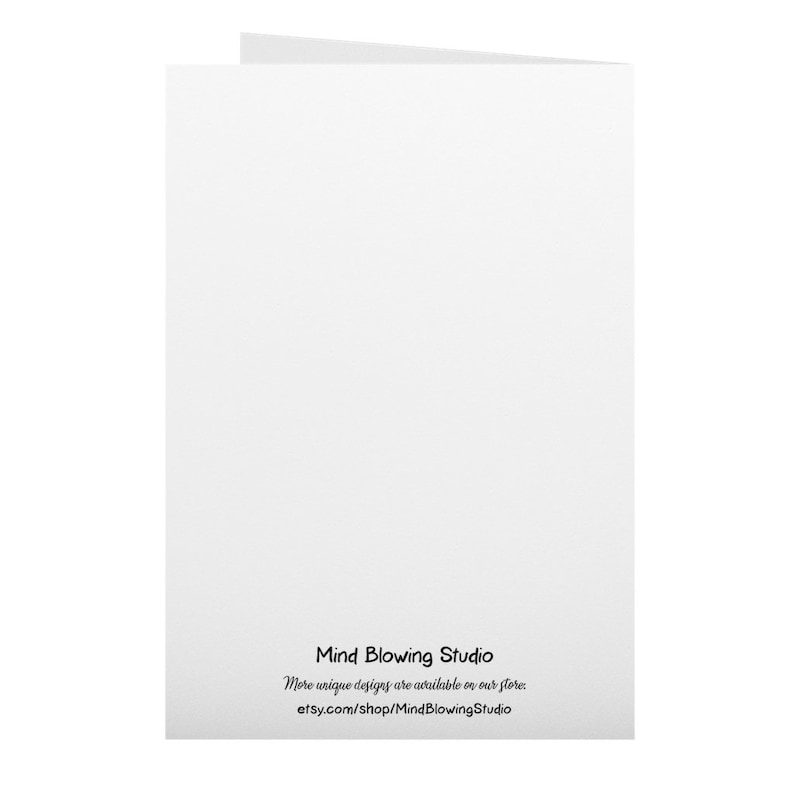 May include: A folded white greeting card. The text "Mind Blowing Studio" and the Etsy shop URL are printed in black at the bottom. The card is blank inside, ready for a personal message.