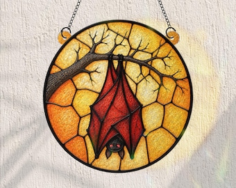 Vitral de Morcego para Pendurar na Janela, Decoração de Halloween, Enfeite Gótico de Acrílico para Pendurar na Janela, Enfeite de Morcego com Lua, Presente de Halloween