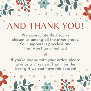 May include: A festive card with the message "AND THANK YOU!" in red, surrounded by floral and berry illustrations in red, blue, and green. The text expresses gratitude and requests a 5-star review.