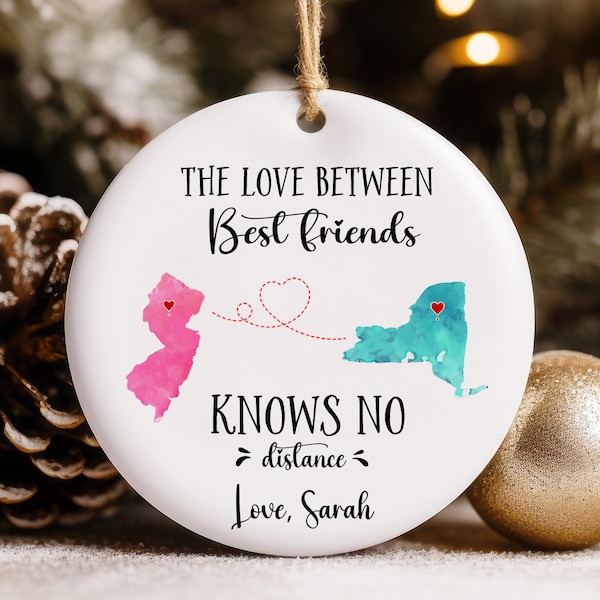 Long Distance Friendship Ornament Personalized, Custom Map Ornament, Best Friend Christmas Ornament, BFF Christmas Gift