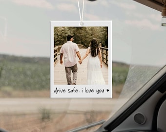 Adorno para coche con foto personalizada, adorno para espejo retrovisor con conducción segura, regalo de San Valentín para él, regalo de aniversario para esposo o novio.