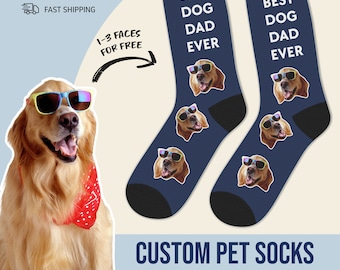 May include: Navy blue socks with the text "BEST DOG DAD EVER" and images of a dog wearing sunglasses. The socks are part of a "CUSTOM PET SOCKS" collection, with a choice of 6 colors. A dog with sunglasses and a red bandana is also in the image.