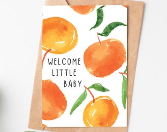 New Baby Card, Baby Shower Card, Watercolor Orange Baby Card, Cute Welcome Card, New Parents Card, Expecting Card, Congratulations Card