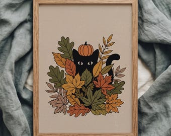 Impressão artística de gato preto e abóbora, arte de parede com folhas de outono, pôster para amantes de gatos, arte de parede imprimível de Halloween, arte de outono, decoração rústica para casa