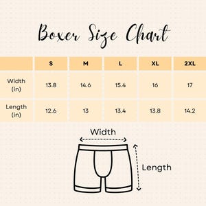 May include: A size chart for boxer shorts with measurements in inches for width and length. The chart shows sizes from S to 2XL.