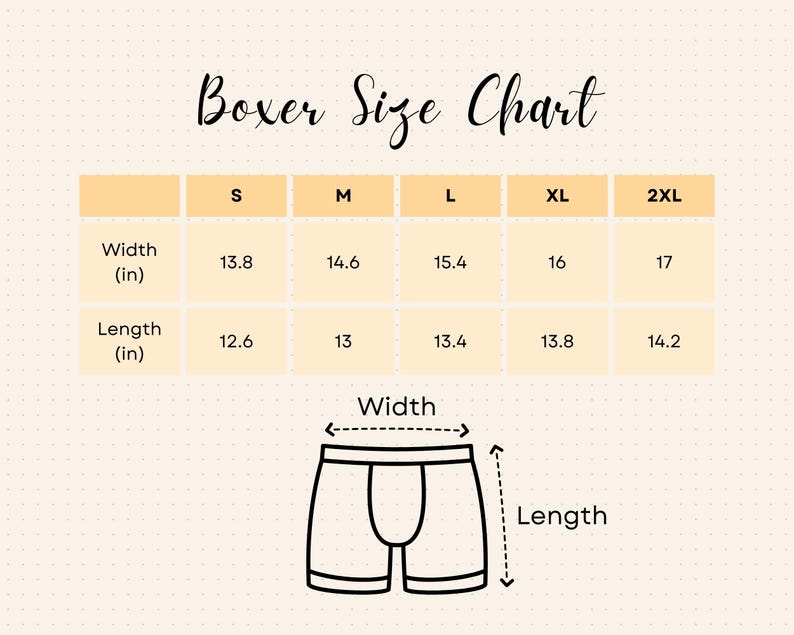 May include: A size chart for boxer shorts with measurements in inches for width and length. The chart shows sizes from S to 2XL.