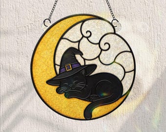 Gato Preto Enfeite de Janela para o Halloween, Gato Bruxo com Lua Crescente, Decoração Assustadora de Halloween em Vitral, Presente de Halloween para Amantes de Gatos
