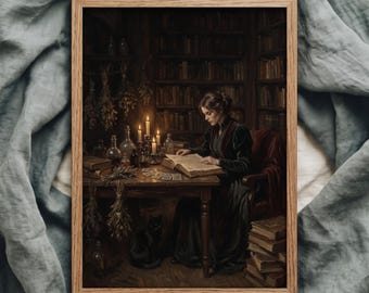 Impressão artística vintage de Halloween, mulher vitoriana estudando pintura, decoração gótica para casa, arte de parede retrô, decoração Dark Academia.