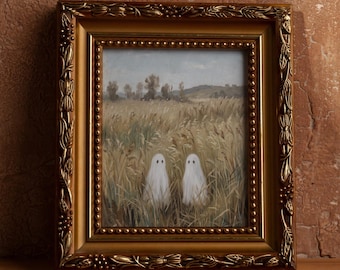 Pintura "Dois Fantasmas no Campo", Arte de Parede Imprimível e Fofa para o Halloween, Decoração Rústica para Casa, Pôster com Tema de Outono, Impressão Artística para a Temporada de Outono