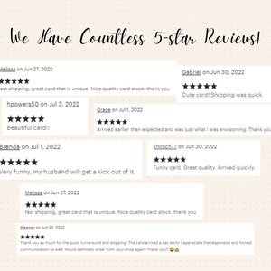K&ouml;nnte beinhalten: Cremefarbener Hintergrund mit dem Text "We Have Countless 5-star Reviews!" und Kundenbewertungen. Bewertungen beinhalten Sternebewertungen und Kommentare zu schnellem Versand, Kartenqualit&auml;t und Humor. Die Bewertungen stammen aus Juni und Juli 2022.