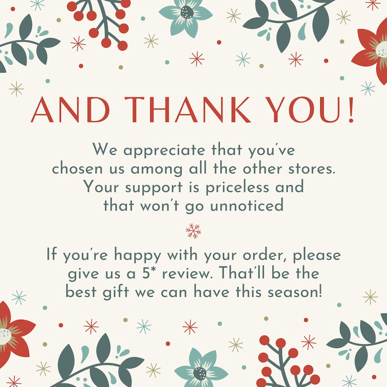 K&ouml;nnte beinhalten: Eine festliche Karte mit der Aufschrift "AND THANK YOU!" in Rot, umgeben von floralen und Schneeflocken-Illustrationen in Rot, Blau und Gold. Der Text dr&uuml;ckt Dankbarkeit aus und bittet um eine 5-Sterne-Bewertung.