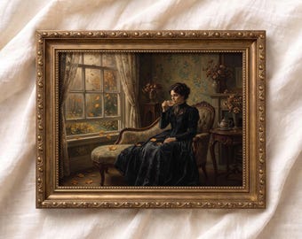 Pintura vintage de uma mulher vitoriana tomando chá, arte de parede com atmosfera outonal, impressão artística para o Halloween, decoração Dark Academia, decoração gótica para casa.