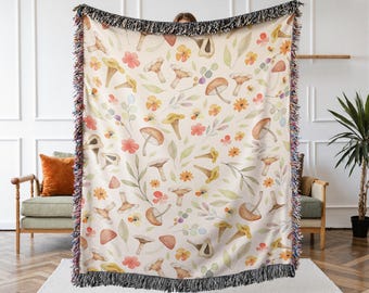 Mushroom Cottagecore Blanket, Personalized Fall Blanket, Autumn Blanket, Fall Home Decor, Halloween Decorations, Wildflower Blanket