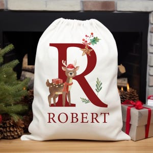 Personalized Christmas Sack, Custom Name & Initial Santa Sack, Kids Christmas Stockings, Reindeer Christmas Gift Bag, Christmas Toy Sack