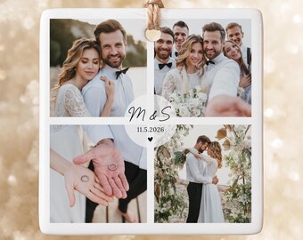 Custom Photo Wedding Ornament, Personalized First Christmas Married Keepsake, Mr and Mrs Picture Collage Tree Decor Gift for Newlyweds