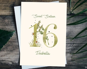 Personalized 16th Birthday Card, Floral Sweet Sixteen Custom Name Card, Turning 16 Flowers Card For Daughter Niece Granddaughter