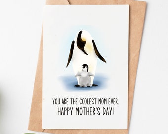 Coolest Mom Ever Card, Happy Mother'S Day Card For Mom, Mom Birthday Card, Penguin Card, Mothers Day Gift From Daughter Or Son, Mum Gift