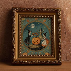 May include: A rectangular gold-toned frame with ornate leaf and berry carvings surrounding a circular illustration of three figures in witch hats standing around a large orange jack-o'-lantern under a full moon and starry night sky.