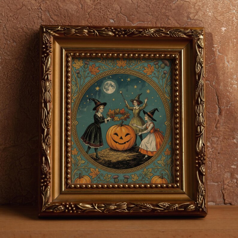 May include: A rectangular gold-toned frame with ornate leaf and berry carvings surrounding a circular illustration of three figures in witch hats standing around a large orange jack-o'-lantern under a full moon and starry night sky.