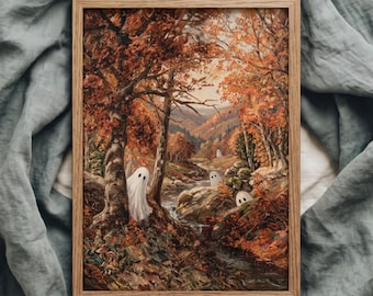 Pintura de fantasmas na floresta de outono, impressão artística com atmosfera melancólica de outono, arte de parede para a estação do outono, pôster fofo de Halloween para imprimir, decoração rústica para casa.