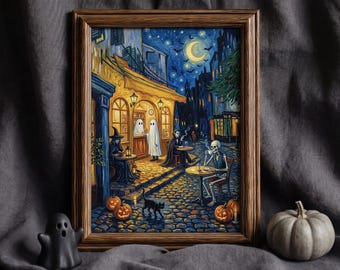 Arte de parede para café com tema de Halloween, impressão pós-impressionista de vila de outono, rua noturna gótica, decoração aconchegante de Halloween, impressão artística pictórica.