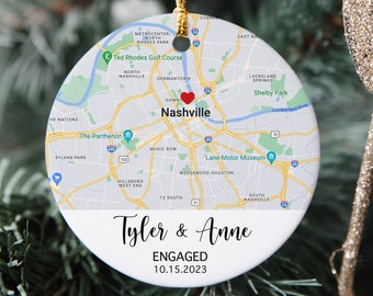 Custom Engaged Ornament, Engagement Ornament, Map Ornament, Personalized Christmas Ornament, Christmas Couples Gift, Xmas Tree Decoration