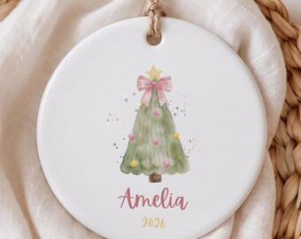 Personalized Pink Bow Christmas Ornament, Custom Name Watercolor Baby Girl First Christmas Keepsake, New Baby Xmas Bauble, New Mom Gift