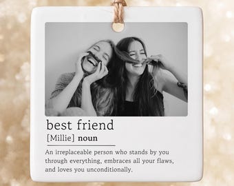 Custom Best Friend Photo Ornament, Personalized Bestie Dictionary Definition Keepsake, Square Ceramic Picture Bauble, BFF Friendship Gift
