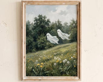 Pintura "Fantasmas no Campo de Dentes-de-Leão", Impressão Artística com Tema de Outono, Arte de Parede para a Temporada de Outono, Pôster Imprimível Fofo de Halloween, Decoração Rústica para Casa