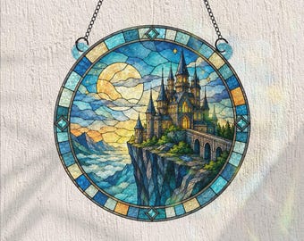 Castelo Mágico - Enfeite de Janela em Vitral Fantástico, Decoração Artística para Escola de Magia, Ornamento Místico de Halloween, Presente para Amantes de Livros