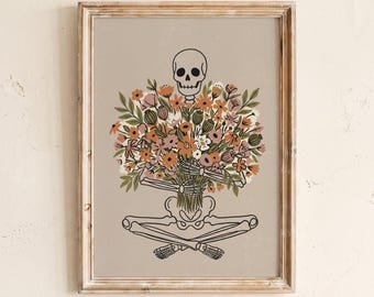 Impressão artística de esqueleto e buquê de flores, pôster floral melancólico de outono, arte de parede imprimível para o Halloween, decoração de casa para a temporada de outono
