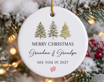 Baby Gender Reveal Ornament, Merry Christmas Grandma and Grandpa, Pregnancy Announcement Keepsake, Promoted To Grandparents Xmas Bauble