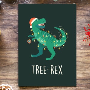 T-Rex Funny Christmas Card, Dinosaur Christmas Tree Holiday Cards, Xmas Greeting Cards, Pun Christmas Cards For Women Men