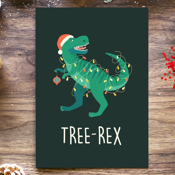 T-Rex Funny Christmas Card, Dinosaur Christmas Tree Holiday Cards, Xmas Greeting Cards, Pun Christmas Cards For Women Men