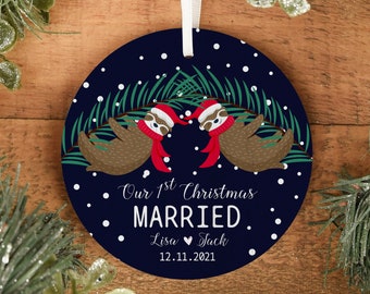 Our First Christmas Married Ornament, Custom Wedding Ornament, Newlywed Christmas Ornament, Personalized Sloth Couple Holiday Ornament