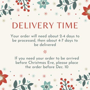 May include: A cream-colored graphic with the text "DELIVERY TIME" in red. The text below states that orders take 2-4 days to process and 4-7 days to deliver. It also mentions a deadline of December 10th for Christmas Eve delivery.
