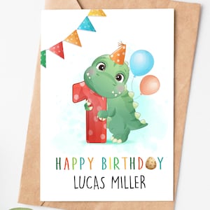 Personalized 1st Birthday Card, First Birthday Card For Baby Boy, 1 Year Old Dinosaur Birthday Card For Son Grandson Or Nephew