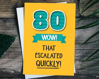 May include: A yellow card with a teal number 80, a teal ribbon with the word "WOW!" on it, and the text "THAT ESCALATED QUICKLY!" in black.