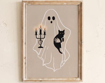 Impressão artística de fantasma segurando um gato preto, pôster melancólico de outono, pôster assustador para parede, arte de parede imprimível de Halloween, decoração de casa para a temporada de outono.